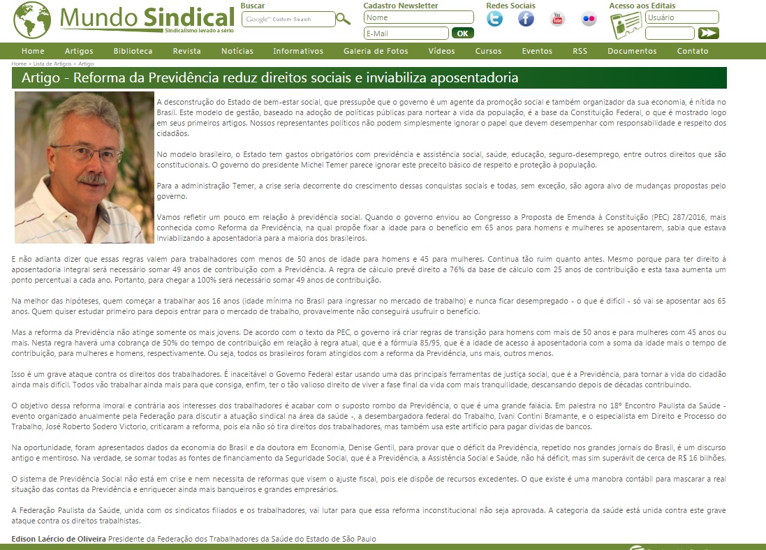 Mundo Sindical -  Artigo Reforma da Previdência - Fevereiro/2017